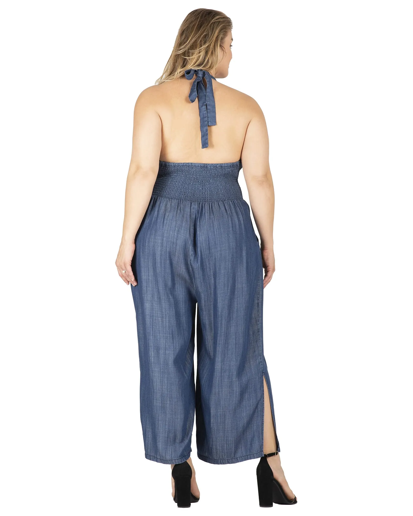 Cali Chambray Halter Wide Leg Jumpsuit | Rinse Blue