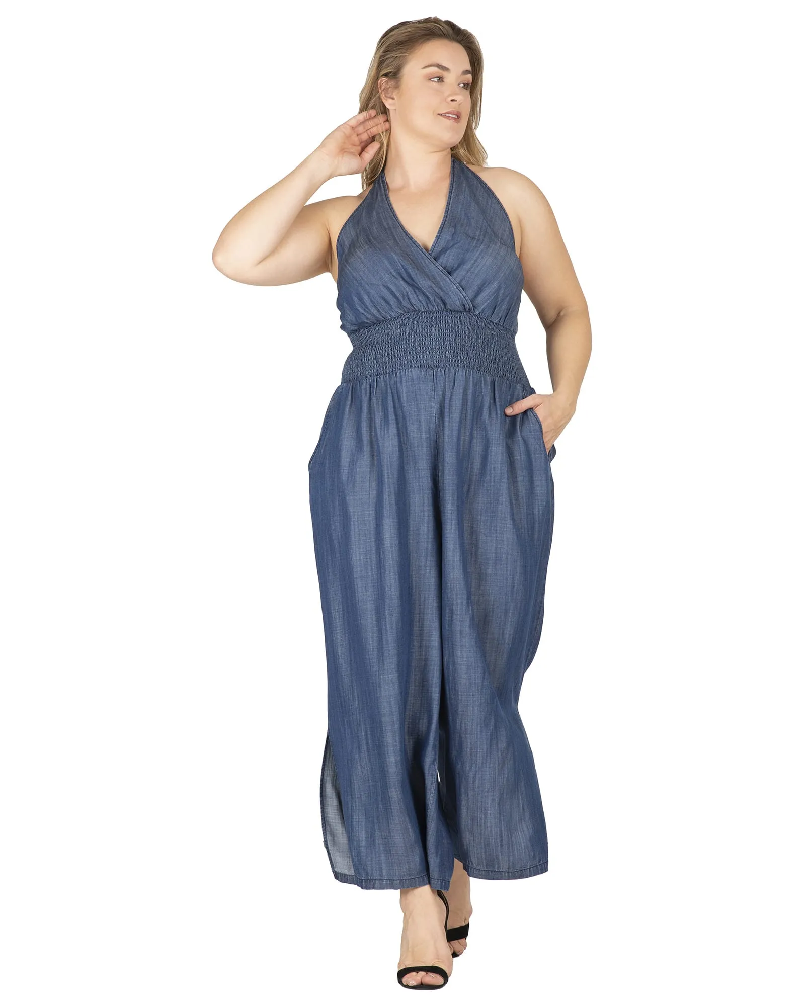 Cali Chambray Halter Wide Leg Jumpsuit | Rinse Blue