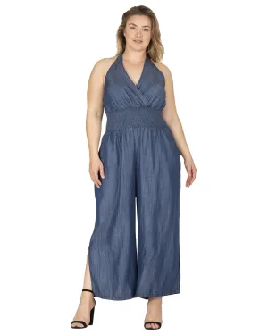 Cali Chambray Halter Wide Leg Jumpsuit | Rinse Blue