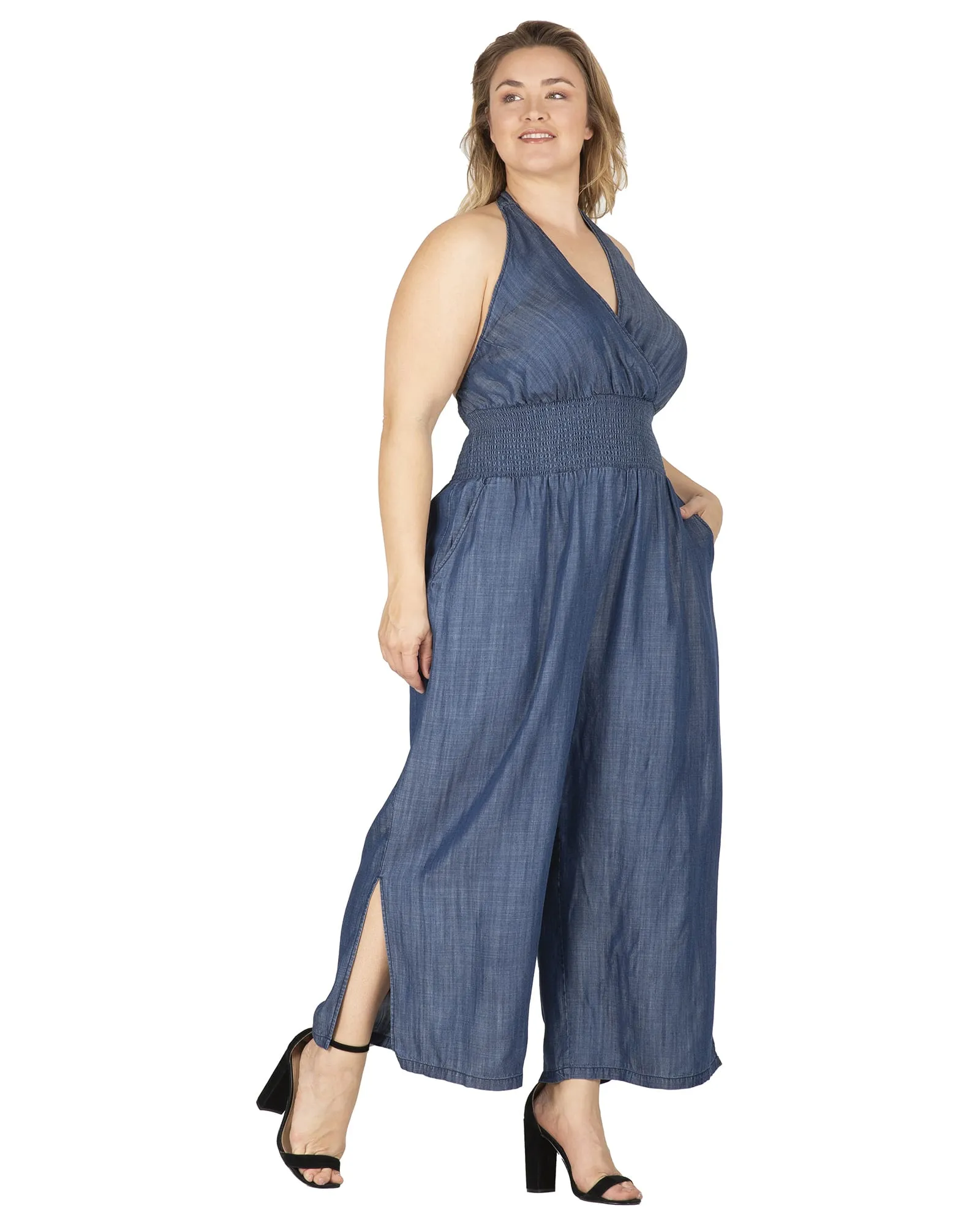 Cali Chambray Halter Wide Leg Jumpsuit | Rinse Blue