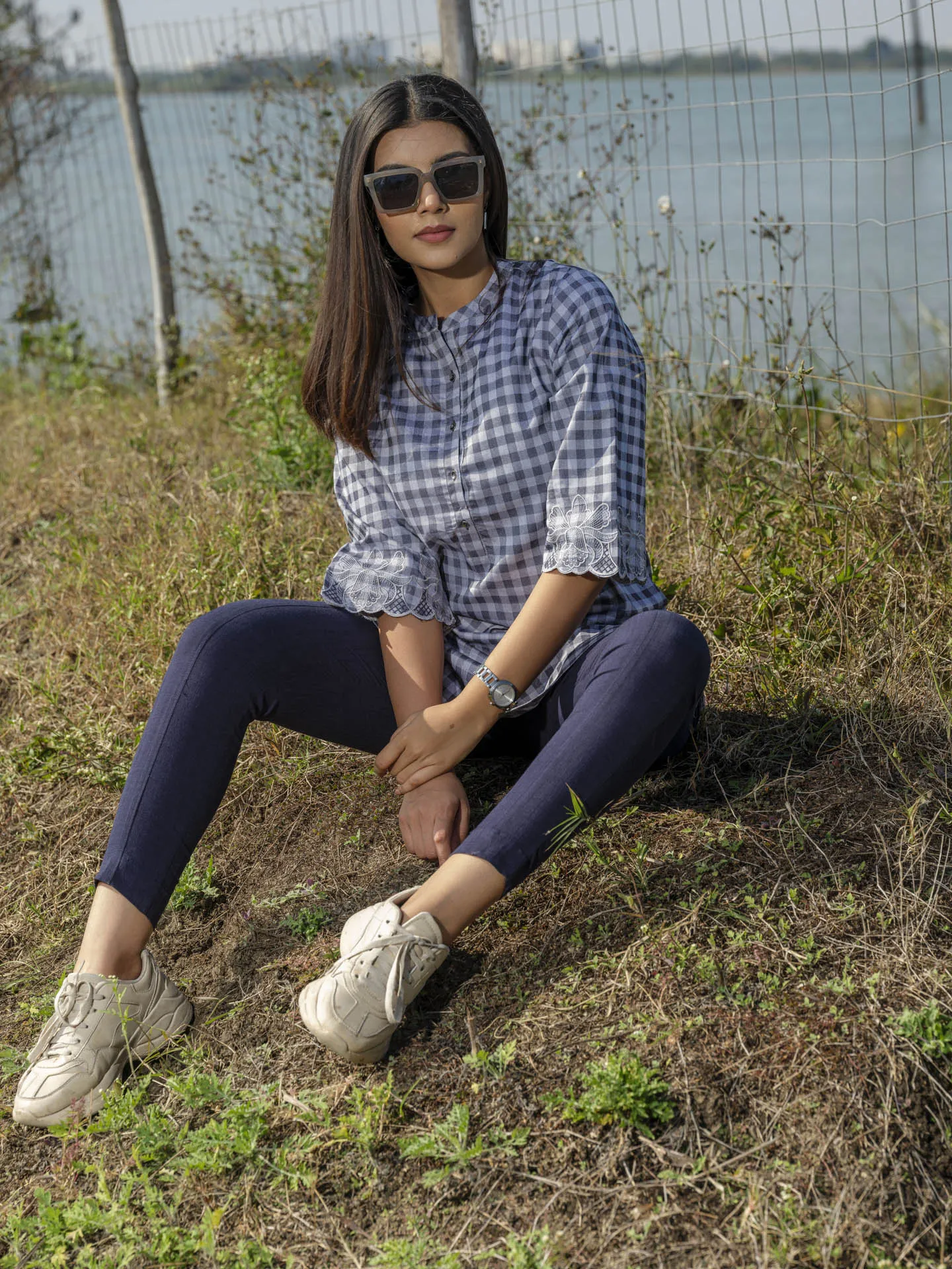 Cotton lycra checks top with cutwork embroidery at sleeves