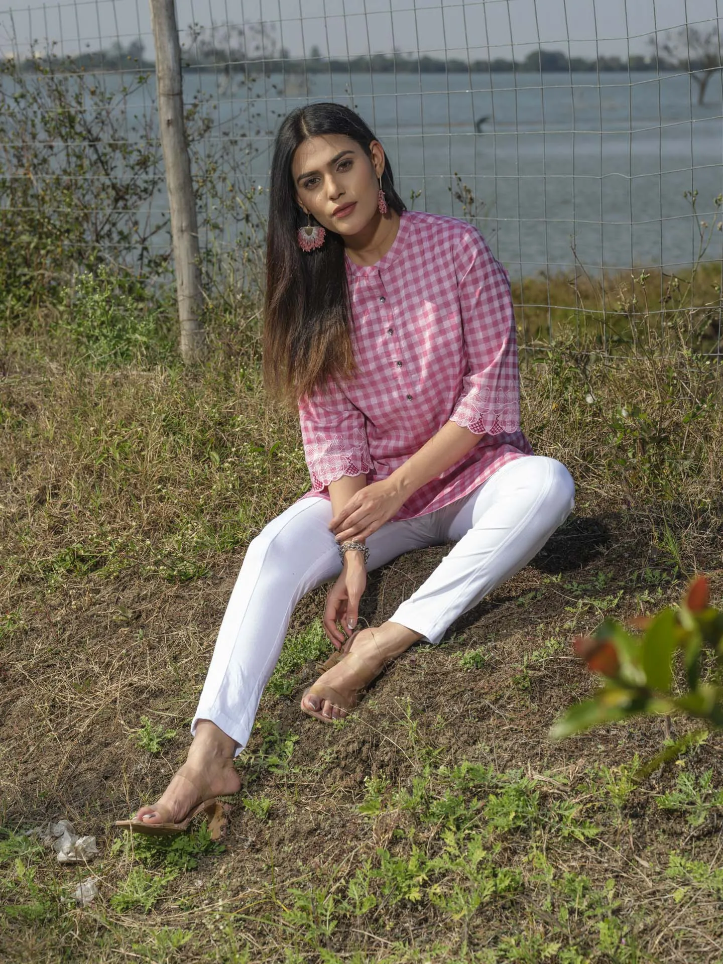 Cotton lycra checks top with cutwork embroidery at sleeves