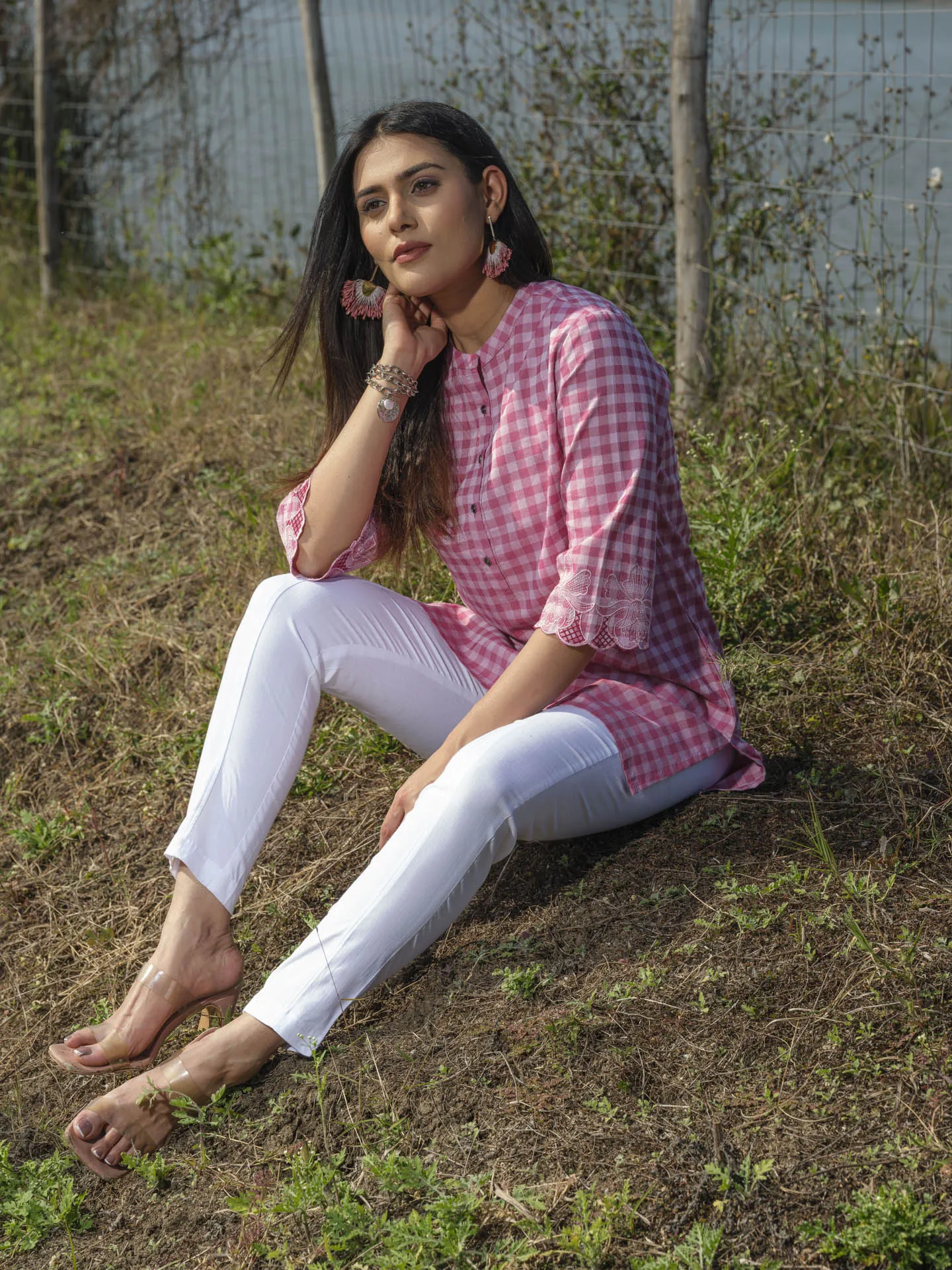 Cotton lycra checks top with cutwork embroidery at sleeves