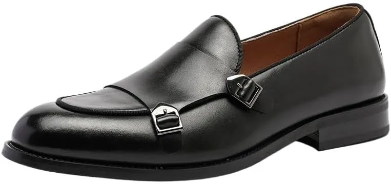 Men's Double Monk Strap Dress Shoes Classic Round Toe Oxford Slip-On with Buckle Business Casual Formal Footwear