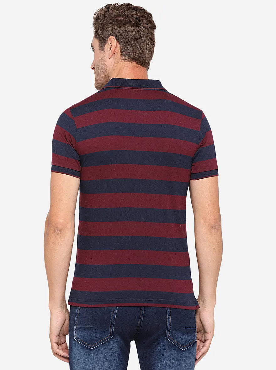 Rumba Red & Navy Blue Striped Slim Fit Polo T-Shirt | Greenfibre