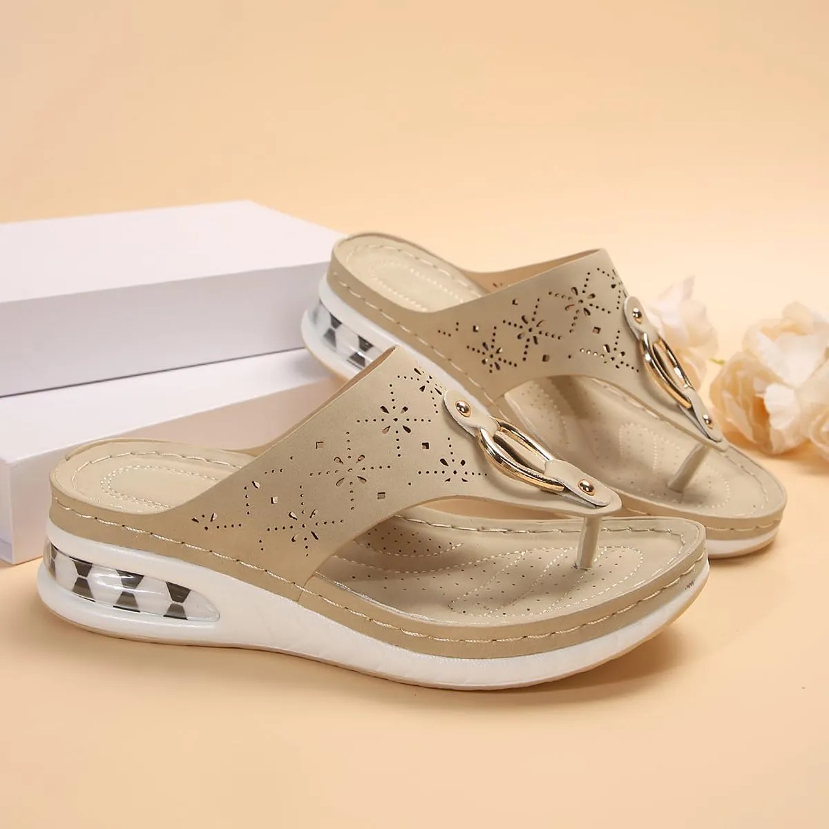 Wedge Sandals for Women Summer Dressy Platform Flip Flops Casual Hollow Out Walking Sandal Comfortable Platform Non Slip Flip Flop Low Wedges Wedding Sandals with Arch Support
